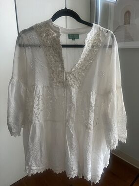 Embroidered Beaded White Peasant Tunic - Women's Boho Top